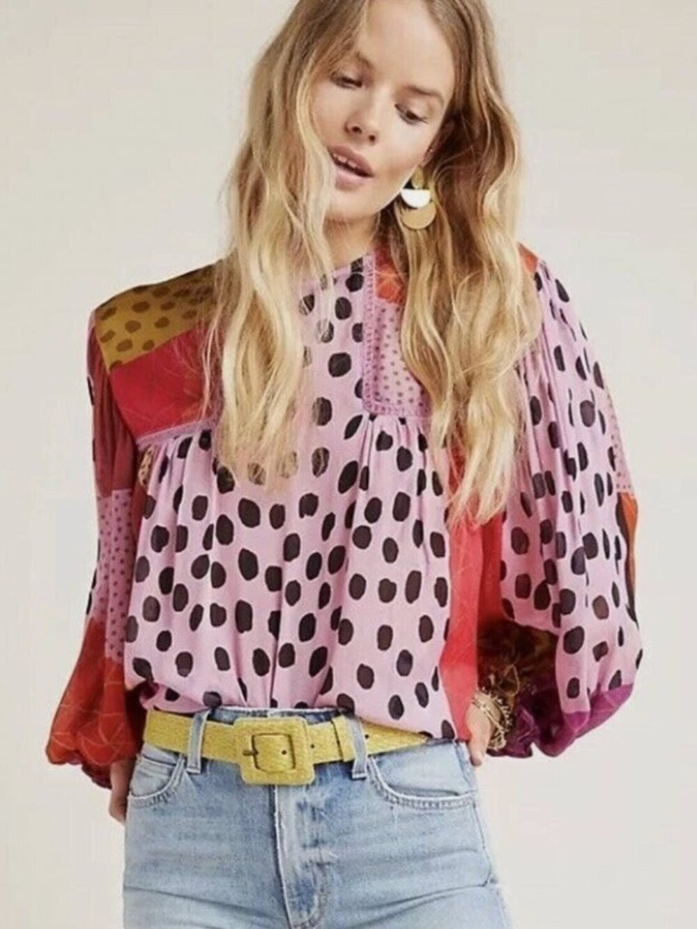 Bl^nk Anthropologie Miranda Eclectic Patchwork Polka Dot Peasant Top Petite L - Picture 4 of 16